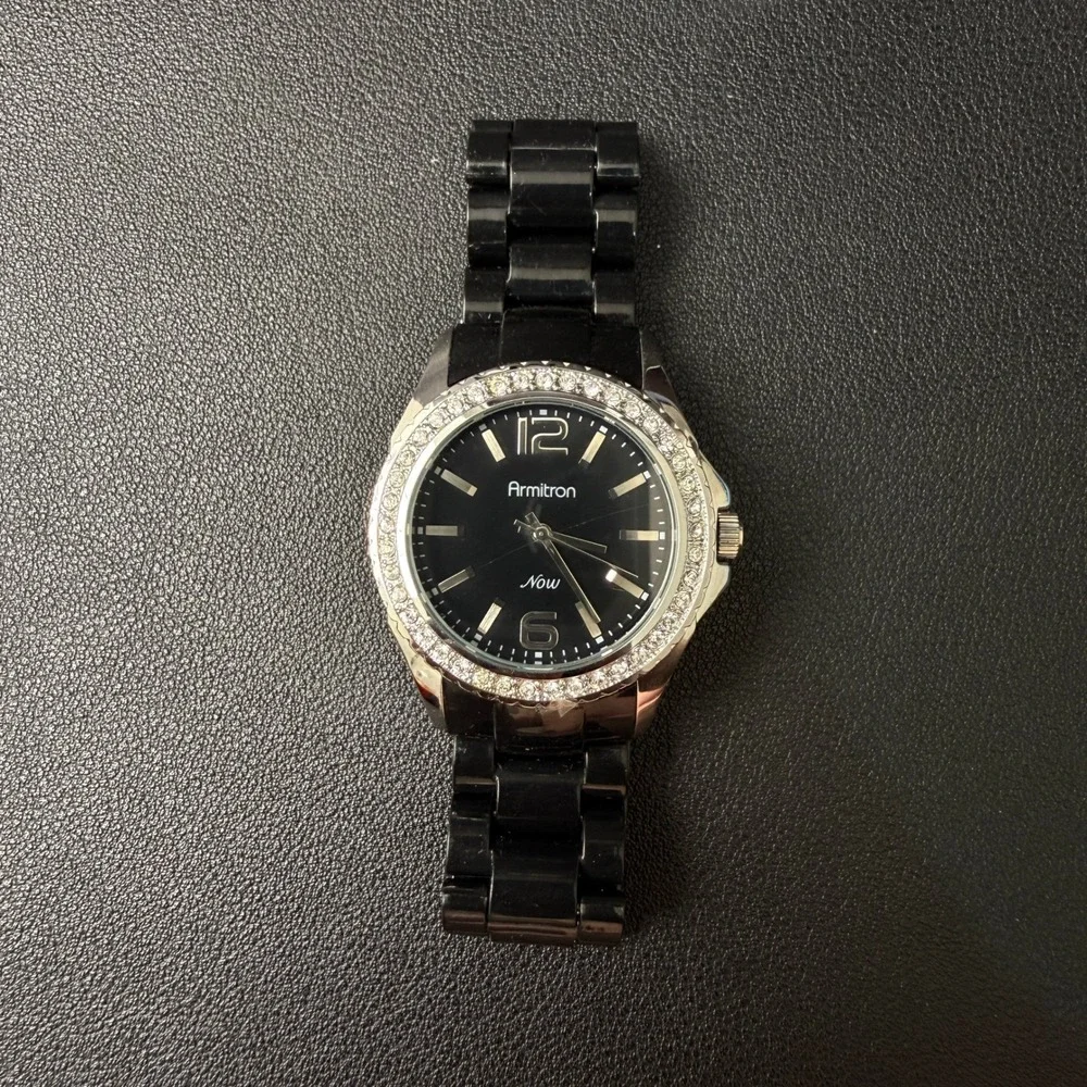 Armitron Now‎ 75/3935SV Women's Silver Tone Quartz Black Band Watch New Battery
